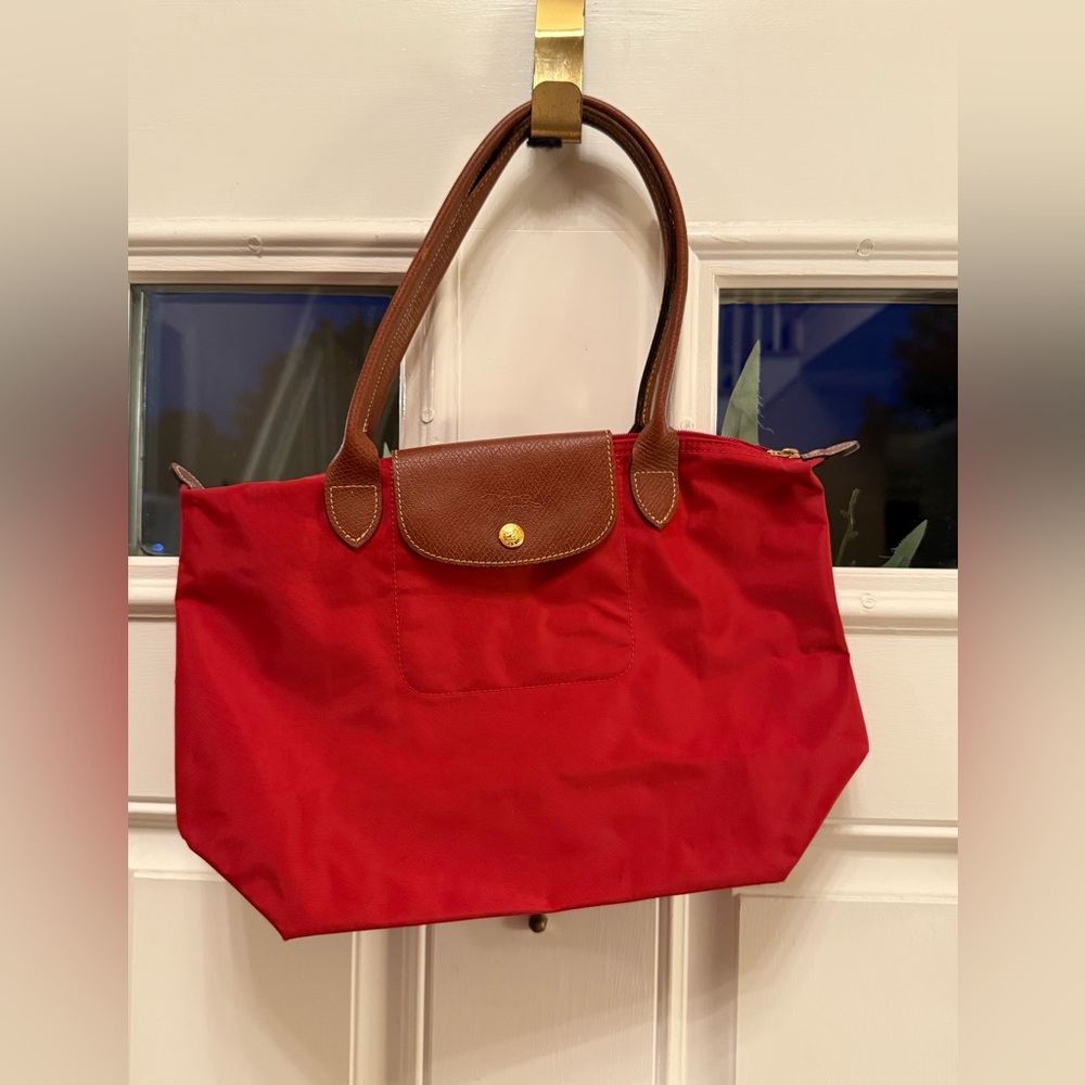 Longchamp Red Nylon Shoulder Tote with Brown Leather Trim